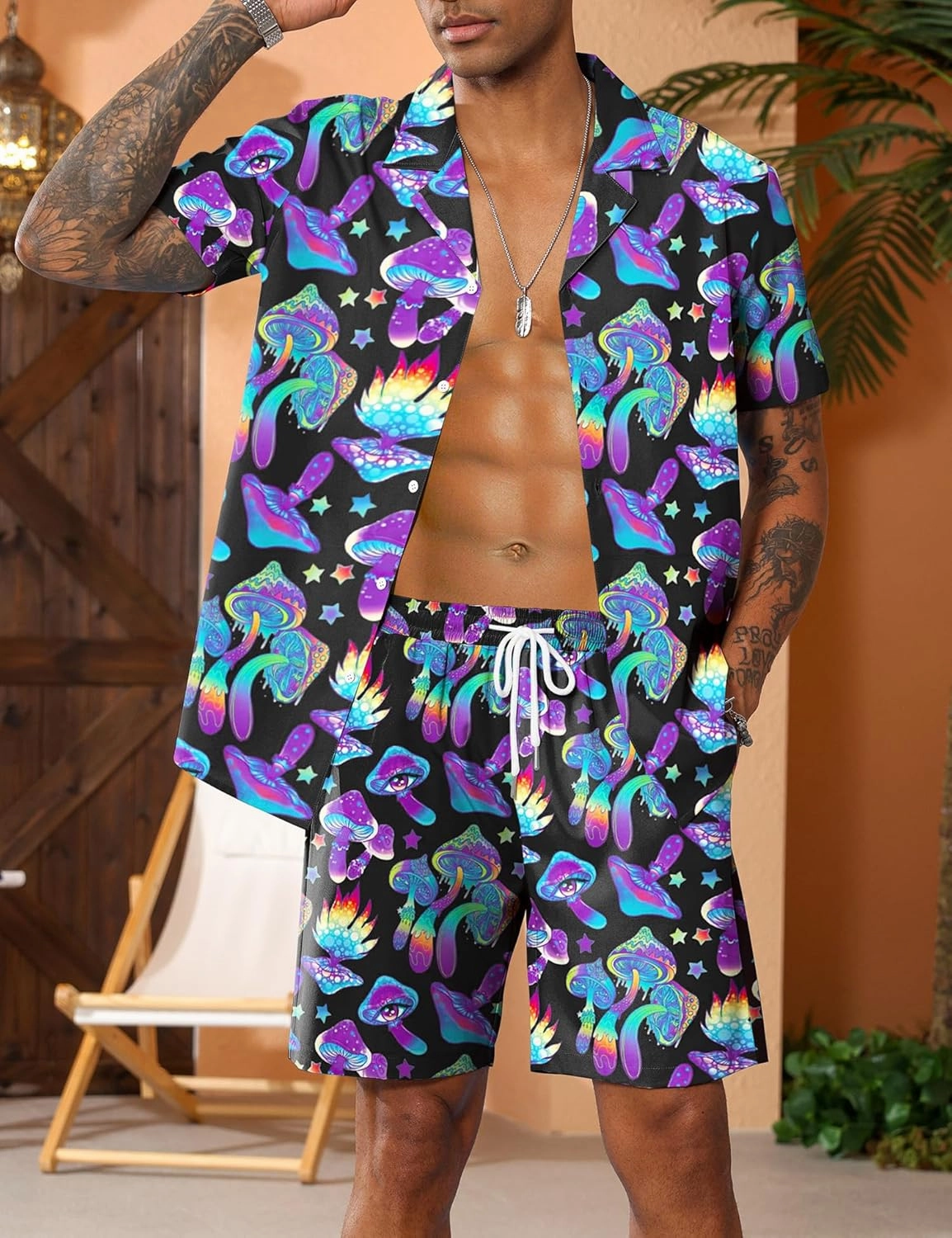 LecGee Men's Rave Outfits Hawaiian Shirts and Shorts Sets 2 Pieces Retro 80s 90s Outfit