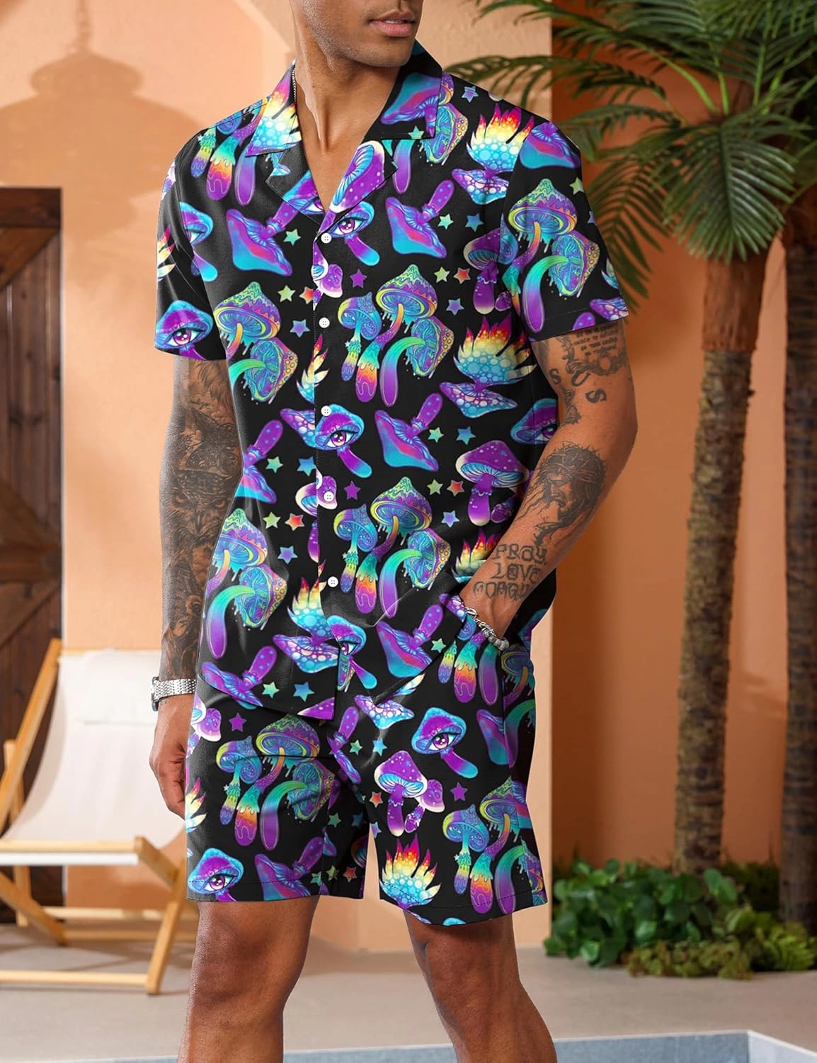 LecGee Men's Rave Outfits Hawaiian Shirts and Shorts Sets 2 Pieces Retro 80s 90s Outfit