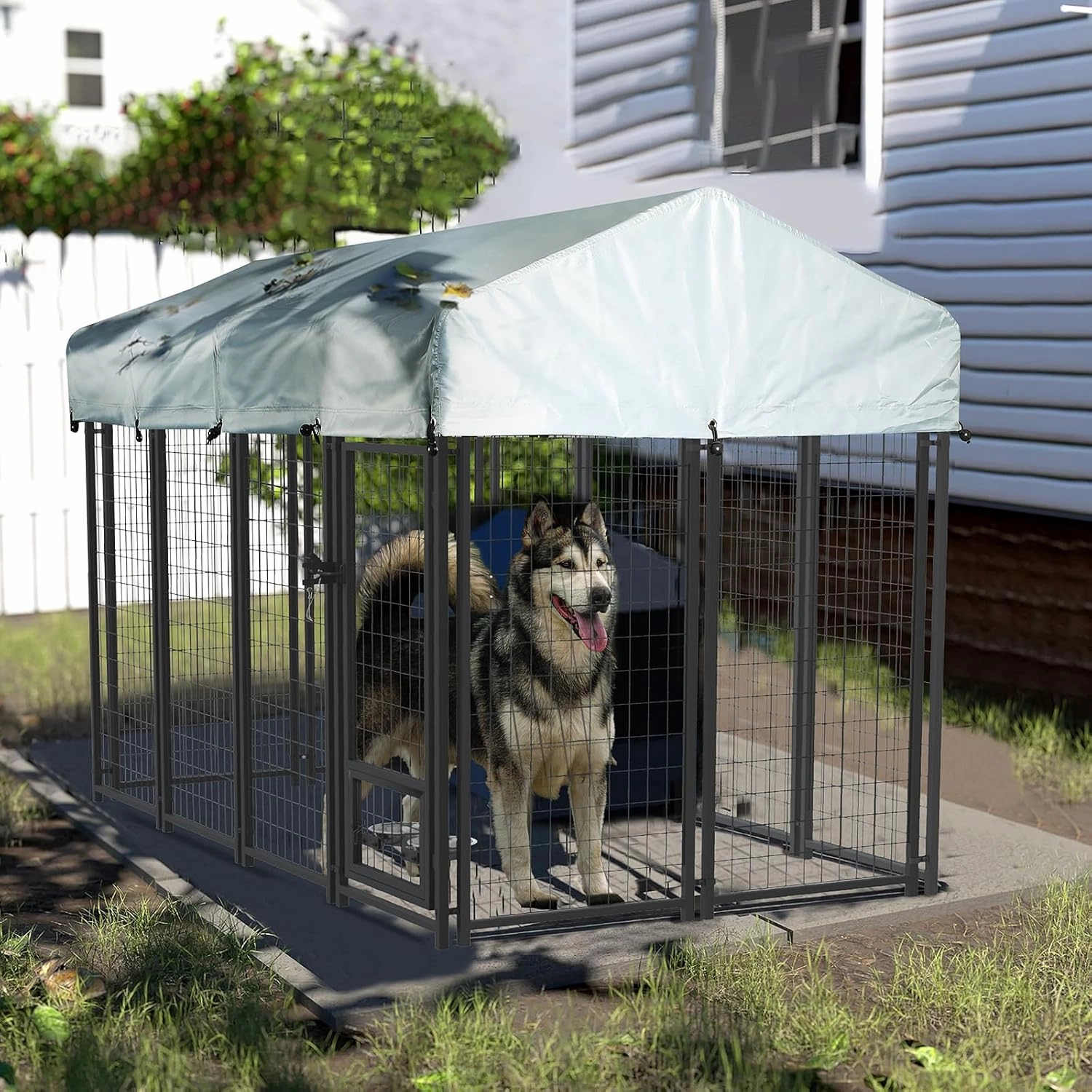 LEMBERI 8x4x4 Outside Dog Kennel with Roof for Large Dogs,Heavy Duty Welded Wire Steel Dog Playpen Fence with Secure Lock, Pet Pen with UV-Resistant Waterproof Cover (93.1''L x 50.4''W x 56.6'H)