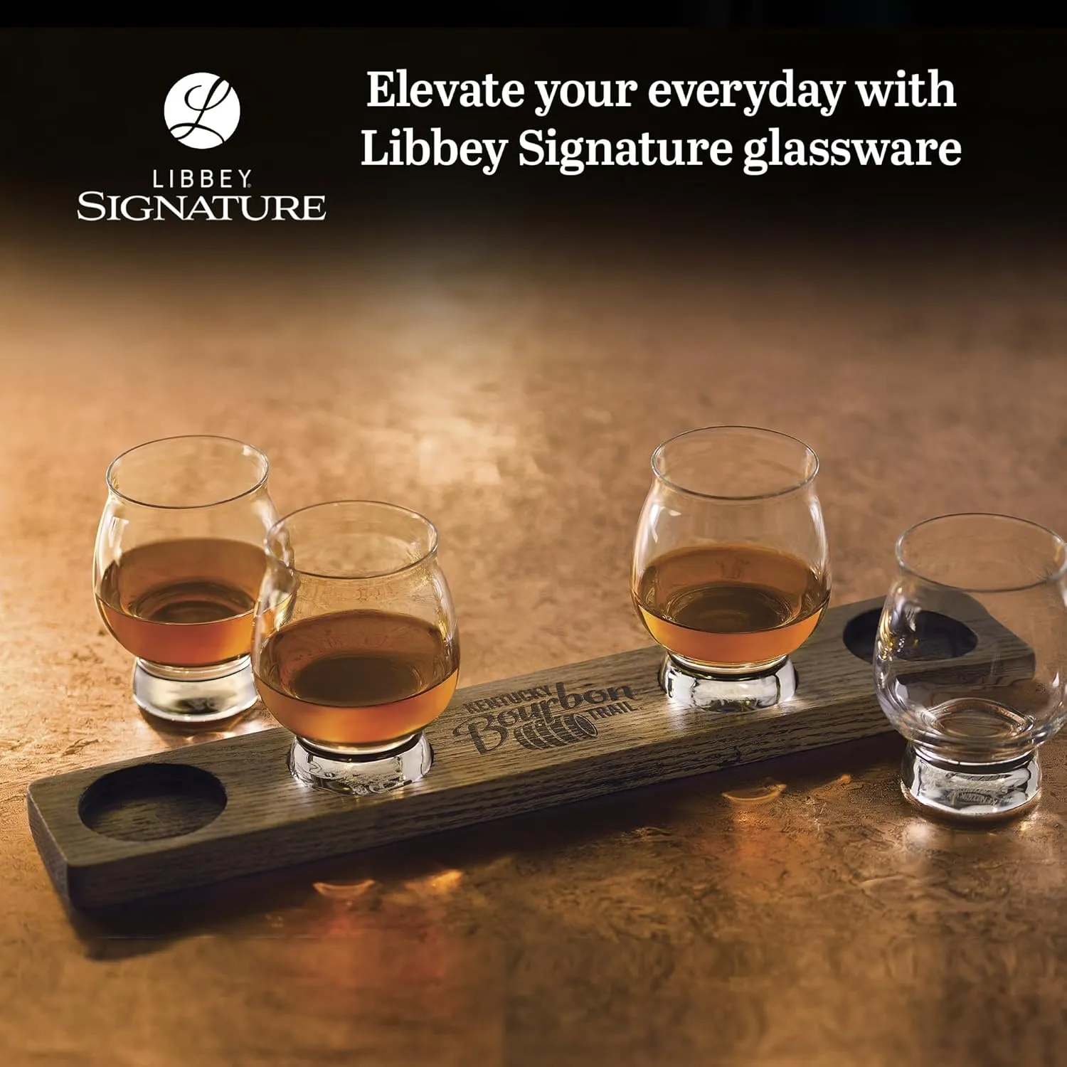 Libbey Signature Kentucky Bourbon Trail Whiskey Tasting Set, Bourbon Whiskey Glasses Set of 4 with Wood Paddle, Luxury, Bourbon Glasses Set