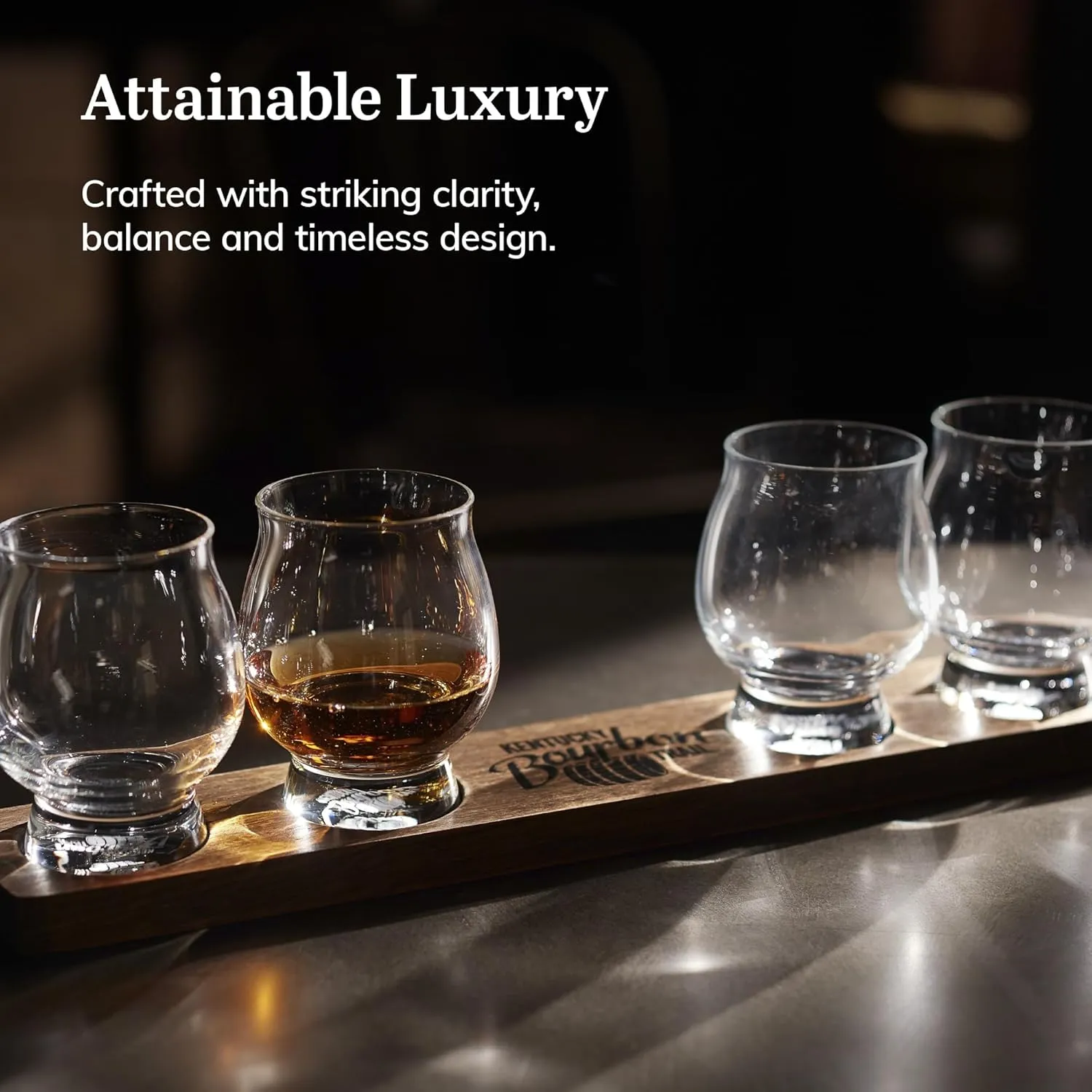 Libbey Signature Kentucky Bourbon Trail Whiskey Tasting Set, Bourbon Whiskey Glasses Set of 4 with Wood Paddle, Luxury, Bourbon Glasses Set