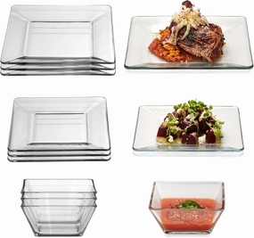 Libbey Tempo Glass Dinnerware Set, Sleek Square Clear Glass Plates and Bowls Set of 12, Dishwasher Safe Glass Dishes Set for Dinners and Parties