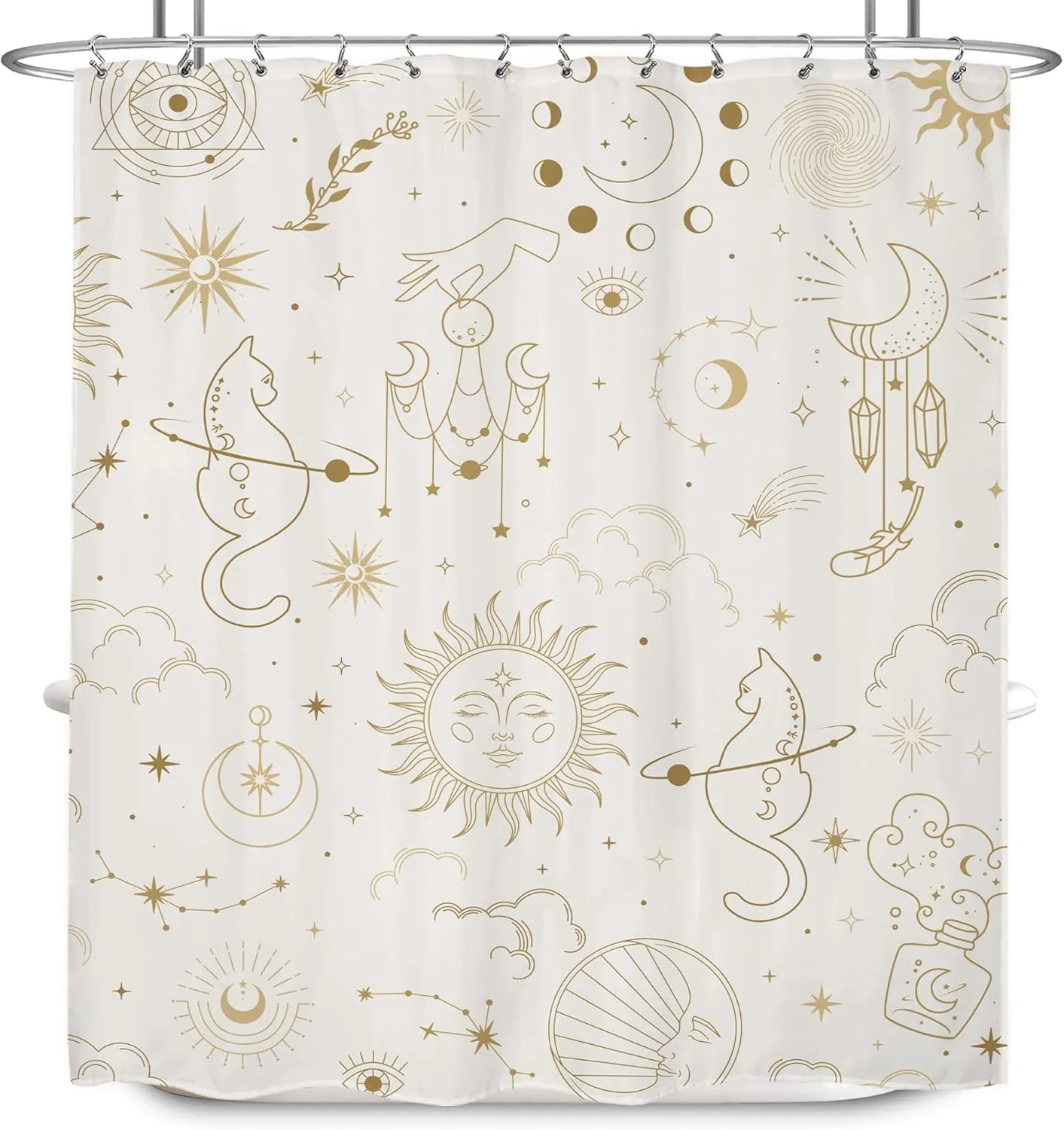 LIGHTINHOME Boho Sun Moon Shower Curtain 60Wx72H Inches Mystic Cat Celestial Constellation Modern Stars Gothic Witchy Bathroom Curtains Fabric Waterproof Polyester Bathroom Home Decor Set with Hooks