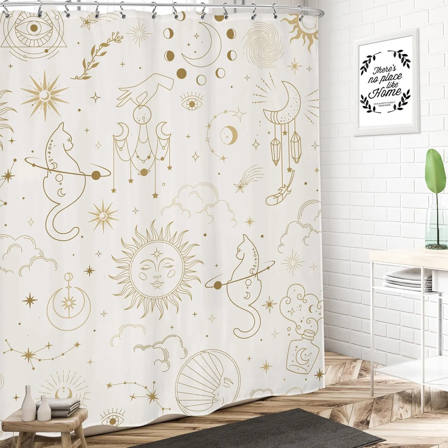 LIGHTINHOME Boho Sun Moon Shower Curtain 60Wx72H Inches Mystic Cat Celestial Constellation Modern Stars Gothic Witchy Bathroom Curtains Fabric Waterproof Polyester Bathroom Home Decor Set with Hooks