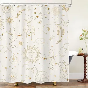 LIGHTINHOME Boho Sun Moon Shower Curtain 60Wx72H Inches Mystic Cat Celestial Constellation Modern Stars Gothic Witchy Bathroom Curtains Fabric Waterproof Polyester Bathroom Home Decor Set with Hooks