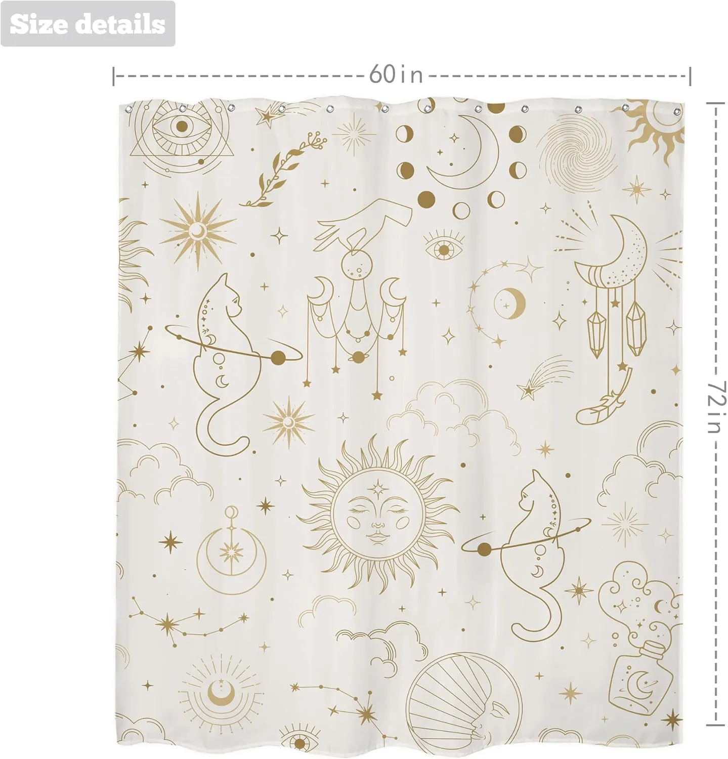 LIGHTINHOME Boho Sun Moon Shower Curtain 60Wx72H Inches Mystic Cat Celestial Constellation Modern Stars Gothic Witchy Bathroom Curtains Fabric Waterproof Polyester Bathroom Home Decor Set with Hooks