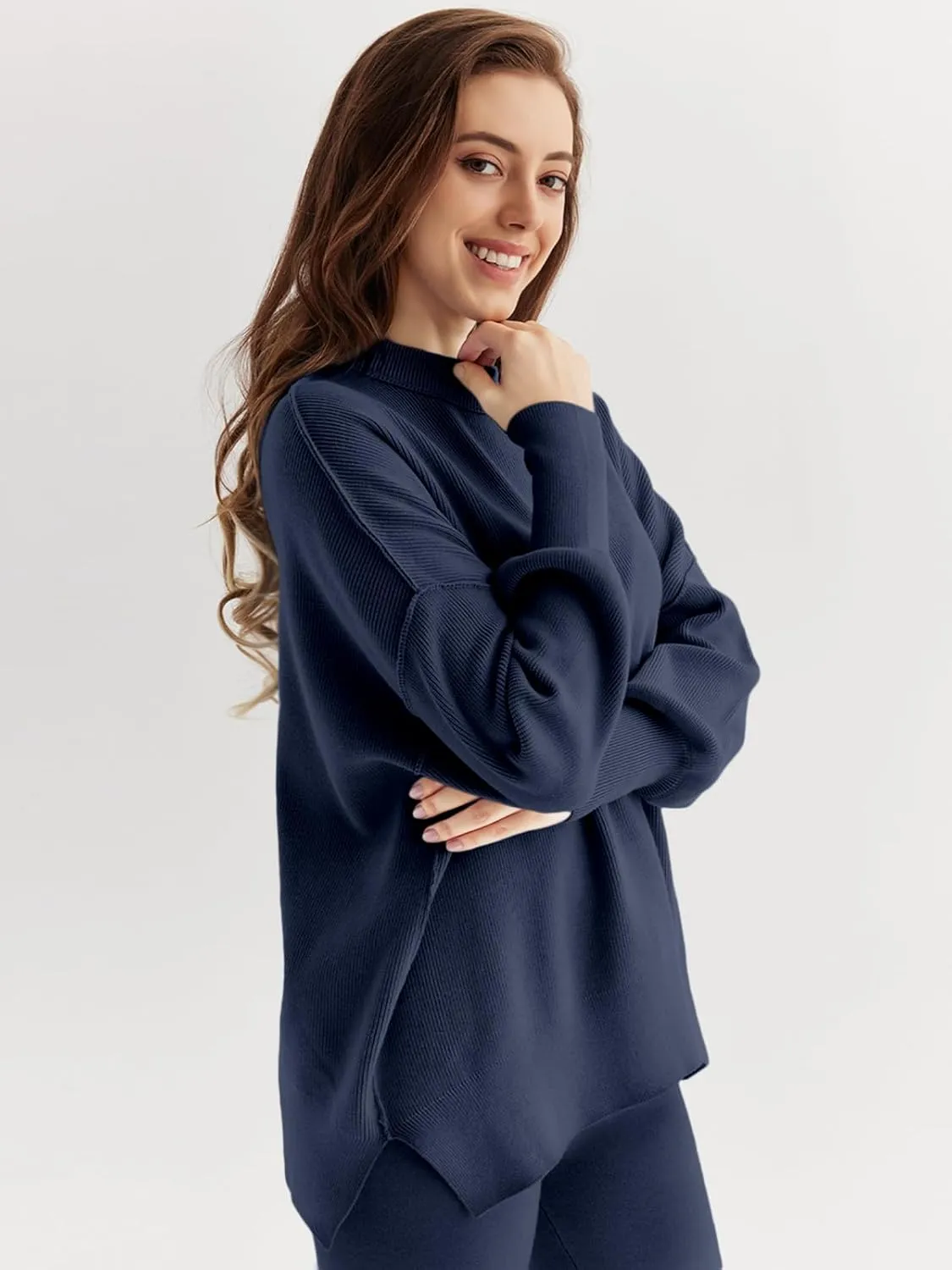 LILLUSORY Women 2 Piece Outfits Sweatsuit Oversized Knit Pullover Sweater Tops Wide Leg Pants Lounge Set