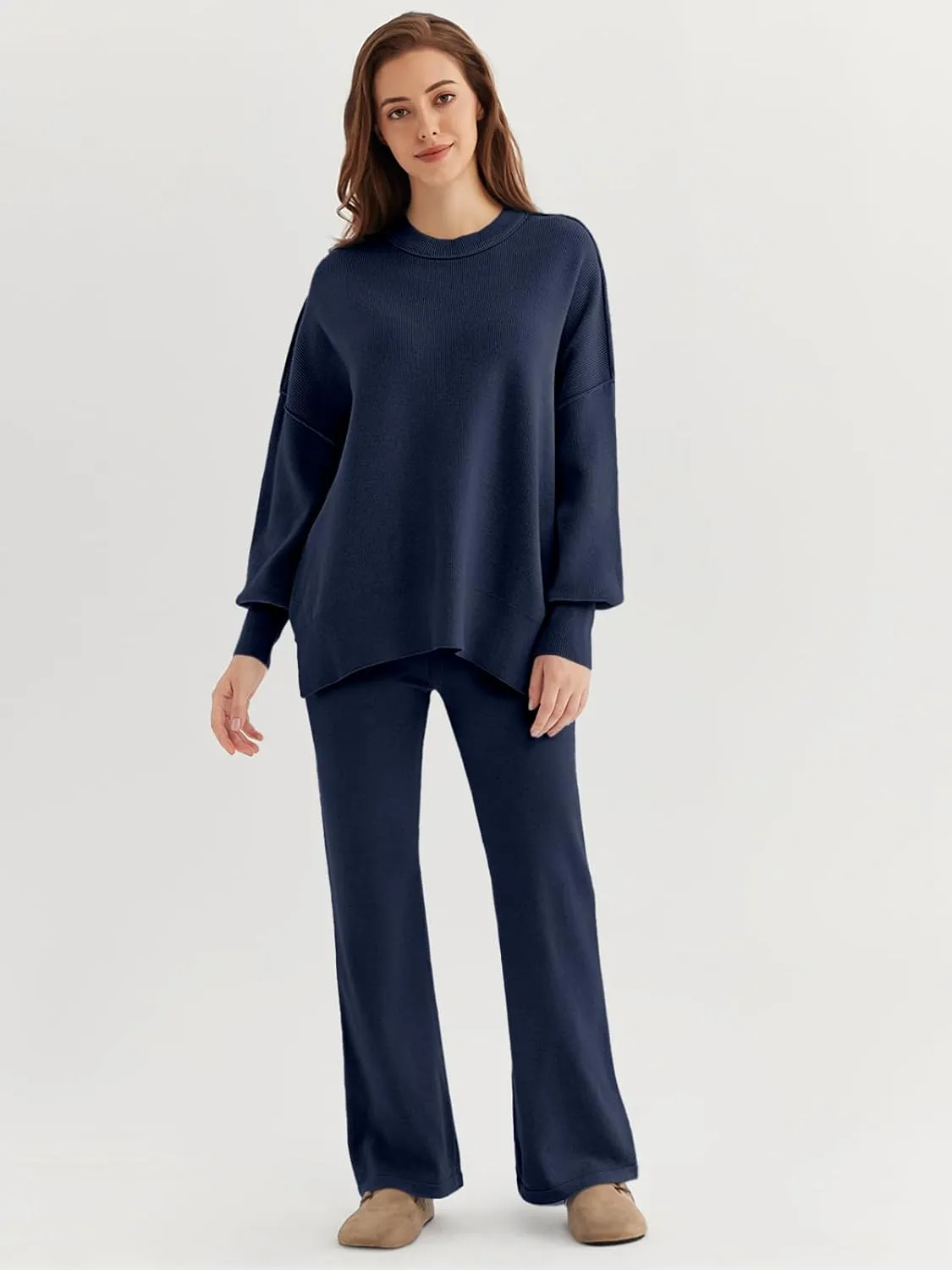 LILLUSORY Women 2 Piece Outfits Sweatsuit Oversized Knit Pullover Sweater Tops Wide Leg Pants Lounge Set
