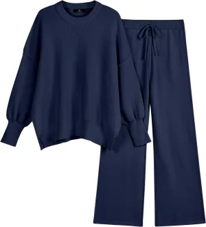 LILLUSORY Women 2 Piece Outfits Sweatsuit Oversized Knit Pullover Sweater Tops Wide Leg Pants Lounge Set
