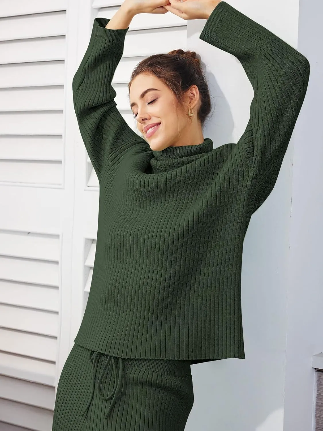 LILLUSORY Women's 2 Piece Outfits Turtleneck Sweaters Lounge Set and Wide Leg Pants Cozy Knit Sweatsuit Sets