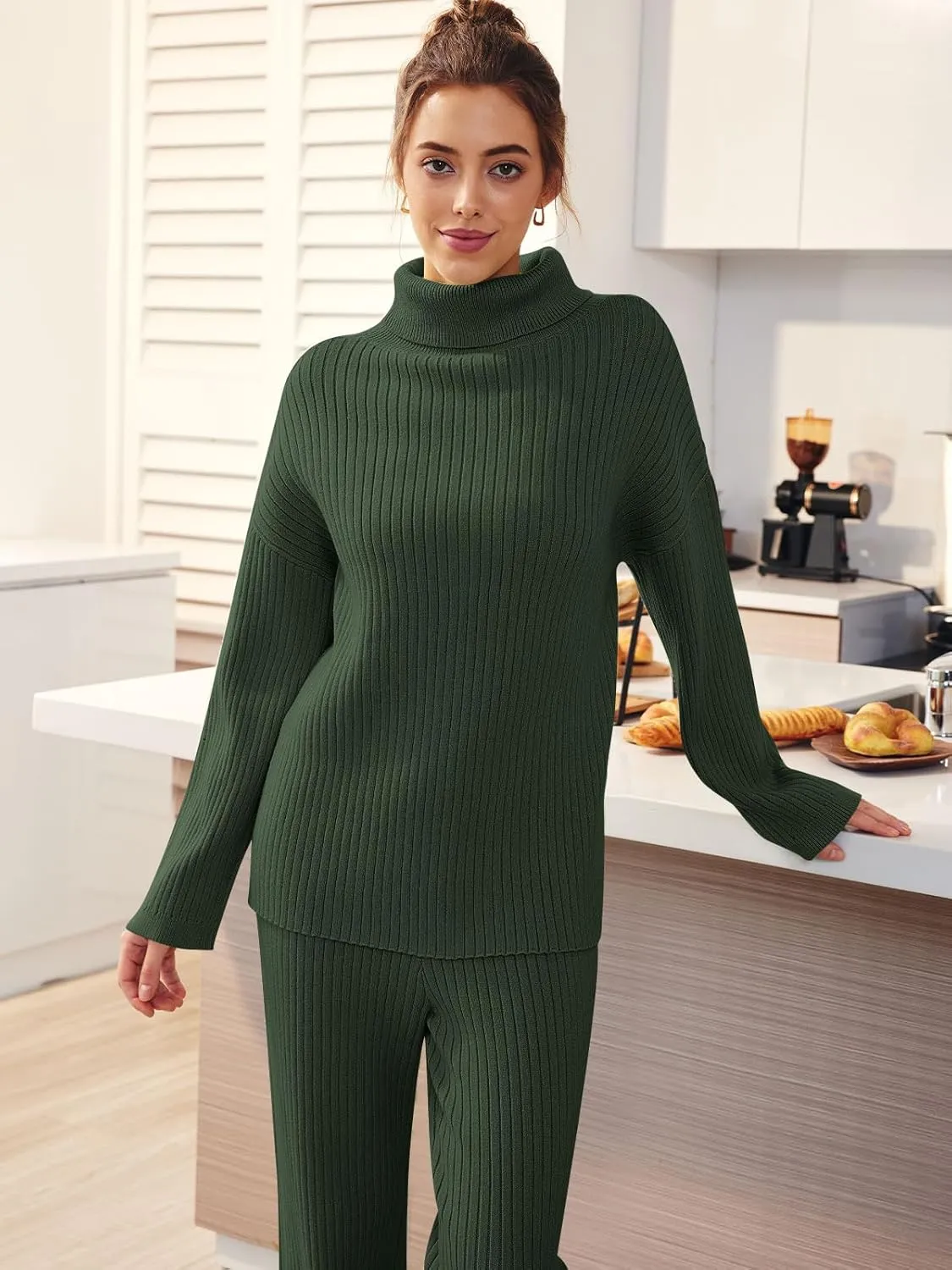 LILLUSORY Women's 2 Piece Outfits Turtleneck Sweaters Lounge Set and Wide Leg Pants Cozy Knit Sweatsuit Sets