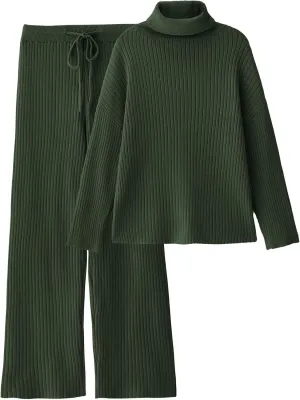 LILLUSORY Women's 2 Piece Outfits Turtleneck Sweaters Lounge Set and Wide Leg Pants Cozy Knit Sweatsuit Sets