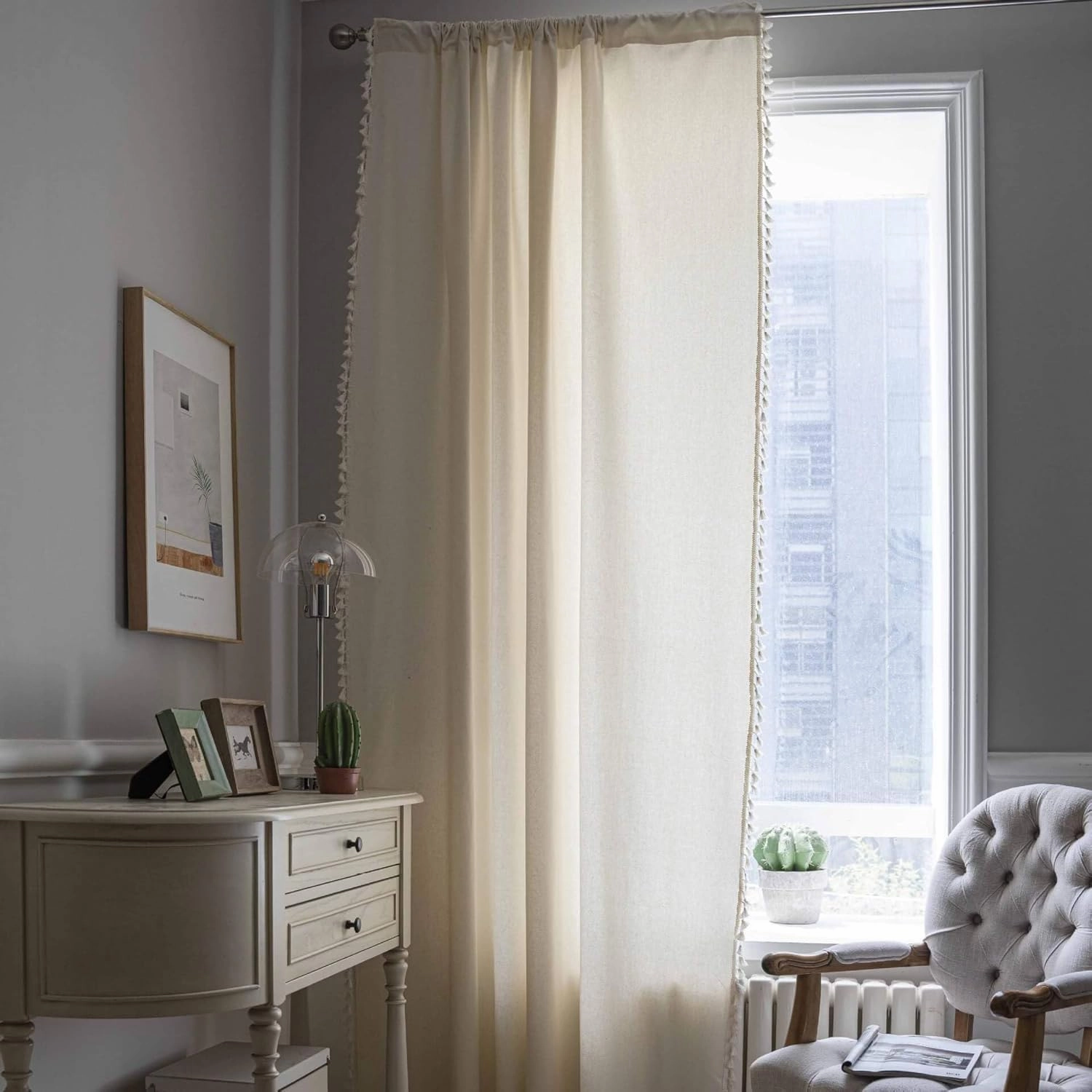 Linen Boho Curtains 84 Inches Long 2 Panels Set Bohemia Curtains for Bedroom/Living Room Super Soft Light Filtering Country Rustic Semi Sheer Farmhouse Drapes Rod Pocket Cream