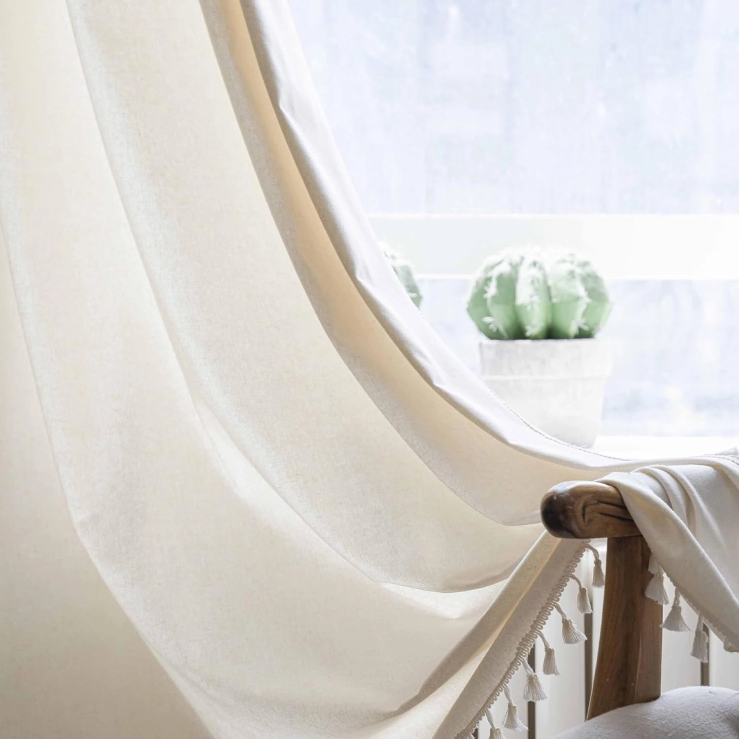 Linen Boho Curtains 84 Inches Long 2 Panels Set Bohemia Curtains for Bedroom/Living Room Super Soft Light Filtering Country Rustic Semi Sheer Farmhouse Drapes Rod Pocket Cream