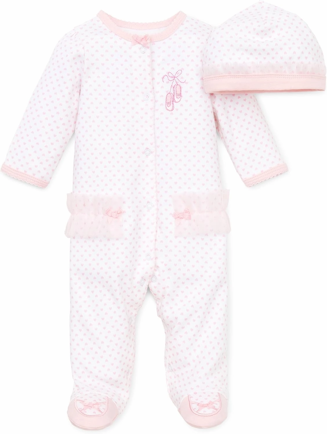 Little Me Clothes for Baby Girls 100% Cotton Scratch-Free Tag Footed One-Piece Romper and Hat Sleeper Set Preemie to 9 Months