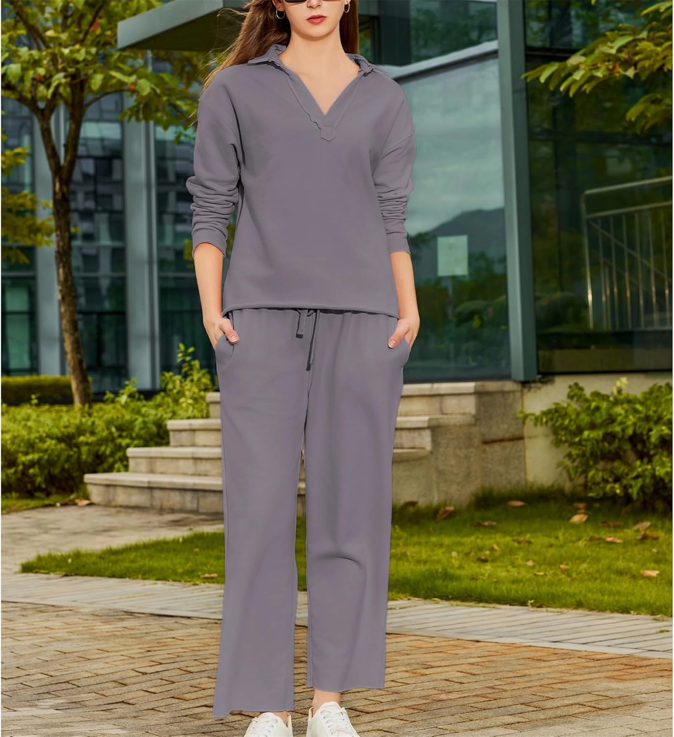 Lounge Sets for Women 2 Piece Outfits Long Sleeve V Neck Pullover Sweatshirts Wide Leg Pants Travel Tracksuit Set