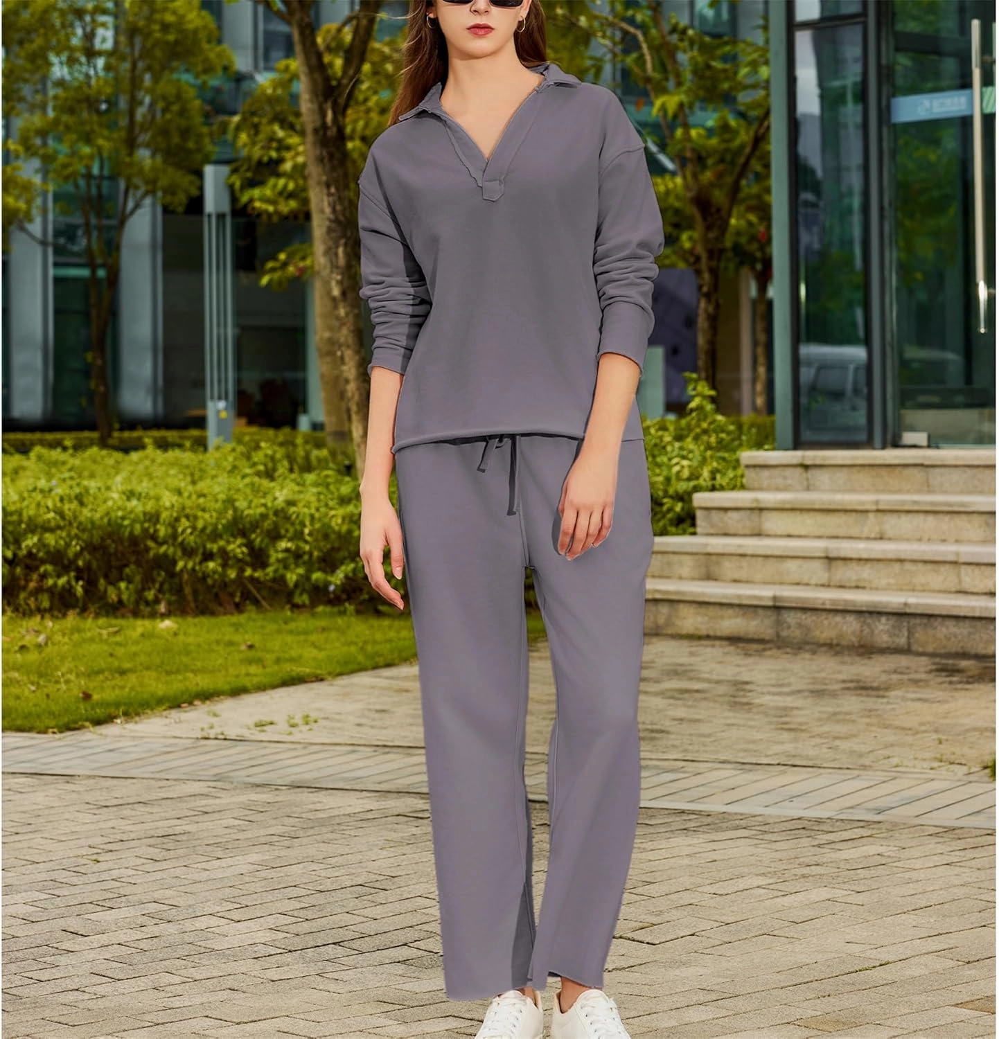 Lounge Sets for Women 2 Piece Outfits Long Sleeve V Neck Pullover Sweatshirts Wide Leg Pants Travel Tracksuit Set