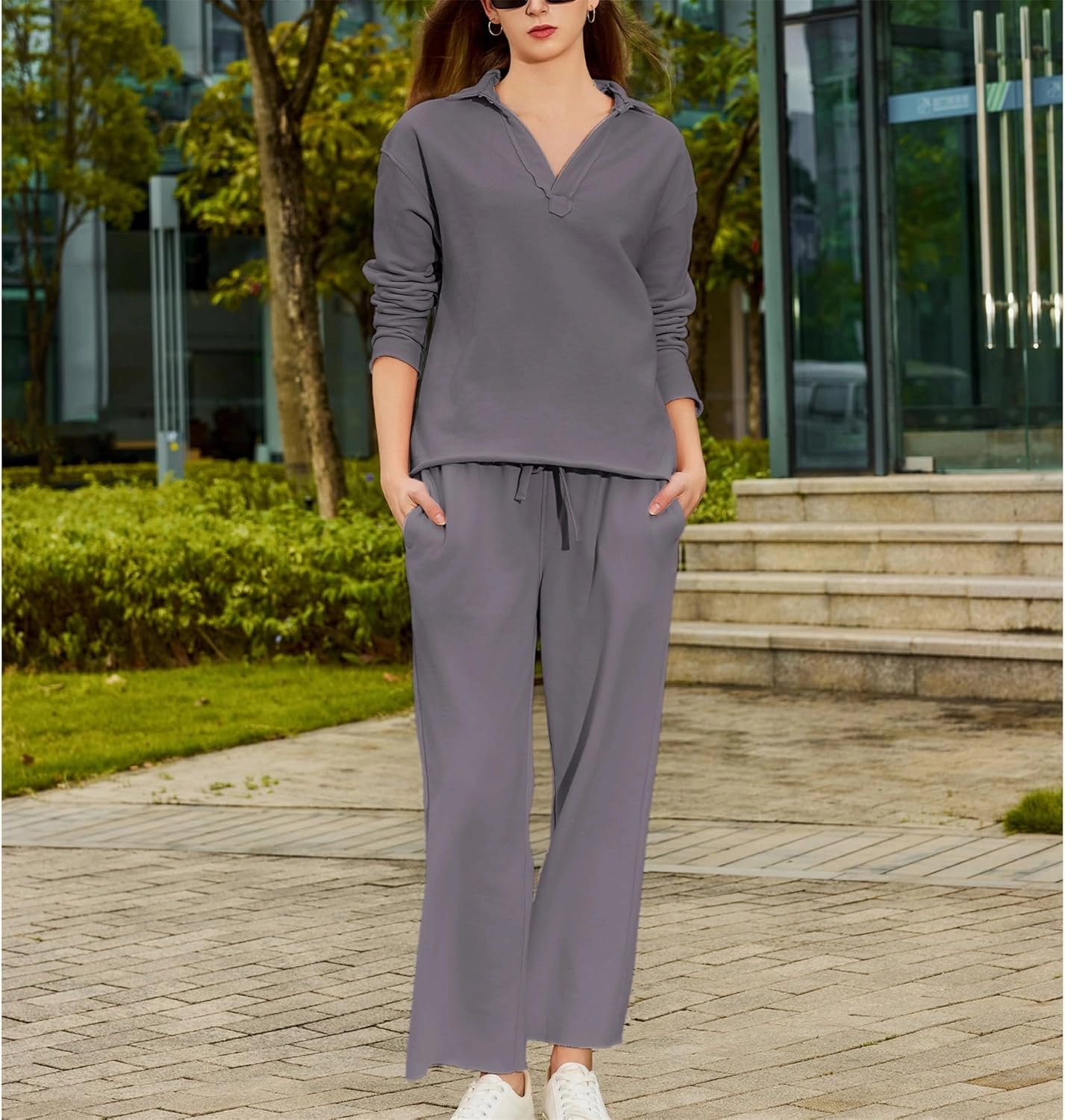 Lounge Sets for Women 2 Piece Outfits Long Sleeve V Neck Pullover Sweatshirts Wide Leg Pants Travel Tracksuit Set