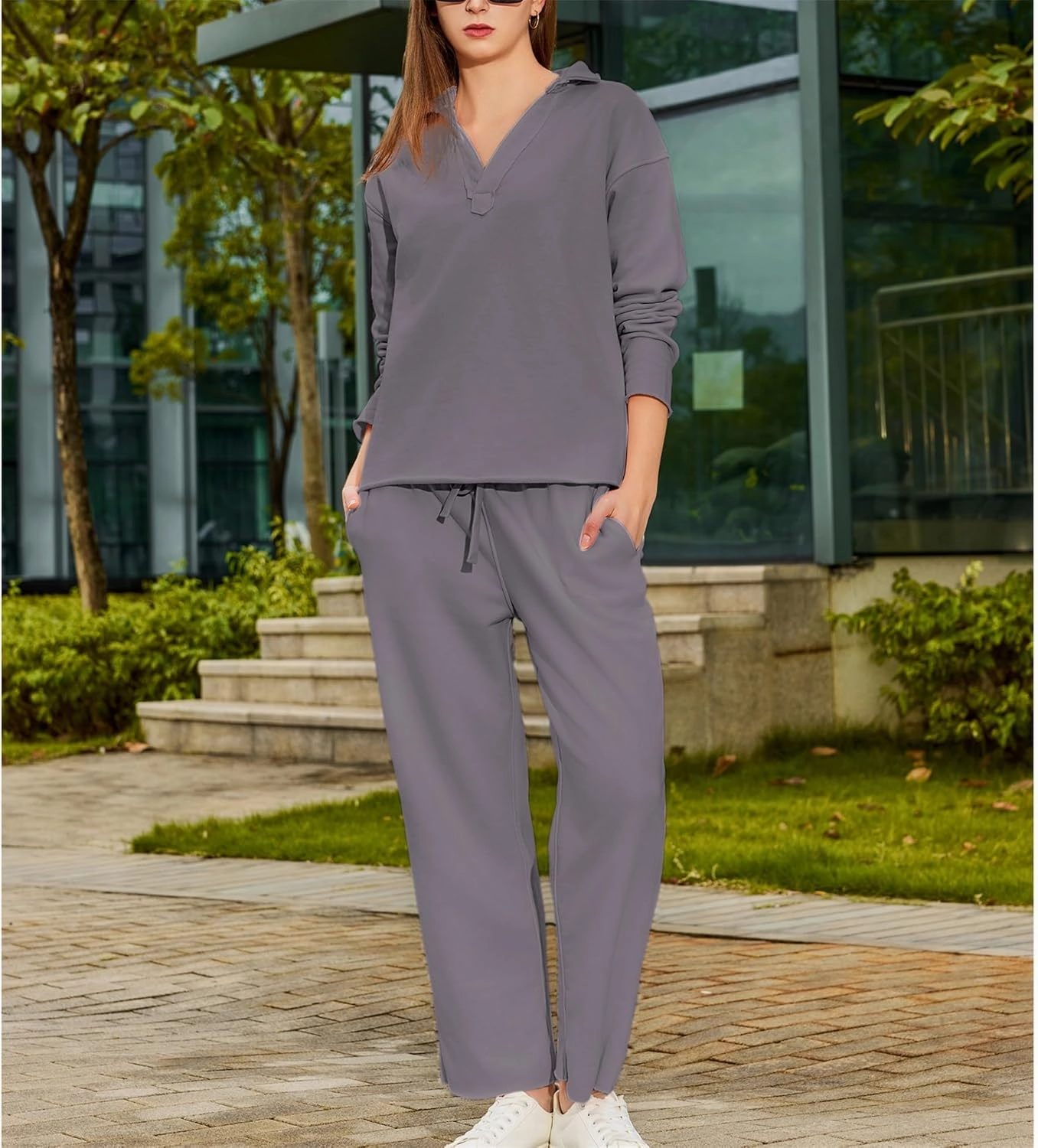 Lounge Sets for Women 2 Piece Outfits Long Sleeve V Neck Pullover Sweatshirts Wide Leg Pants Travel Tracksuit Set