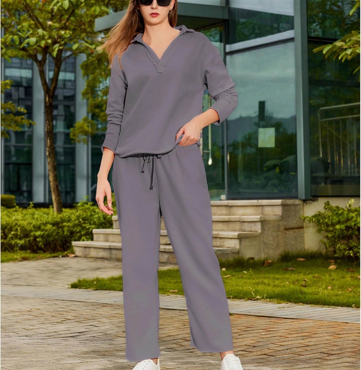 Lounge Sets for Women 2 Piece Outfits Long Sleeve V Neck Pullover Sweatshirts Wide Leg Pants Travel Tracksuit Set