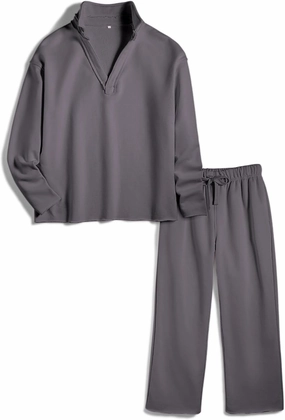Lounge Sets for Women 2 Piece Outfits Long Sleeve V Neck Pullover Sweatshirts Wide Leg Pants Travel Tracksuit Set