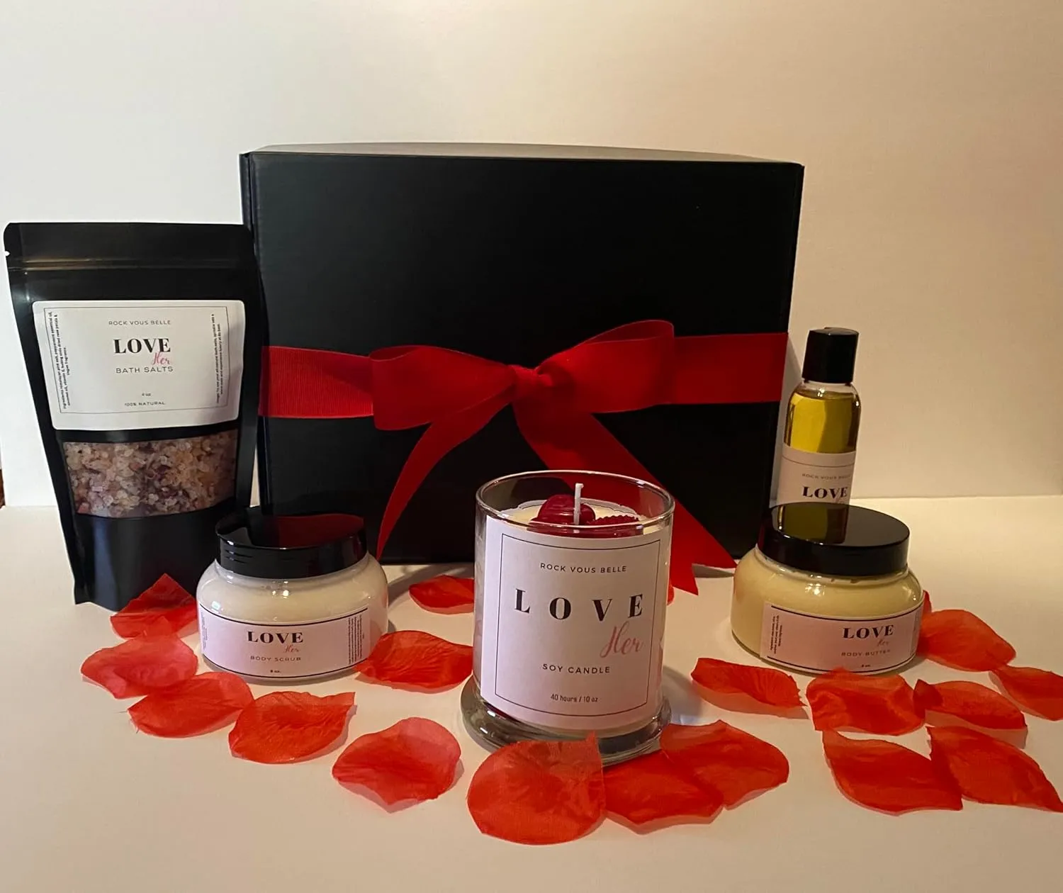 LOVE Collection Valentines Day gift box Love scented 5 piece bath and body relaxation set that includes body butter body scrub body oil relaxing bath salts and soy candle