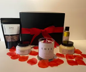 LOVE Collection Valentines Day gift box Love scented 5 piece bath and body relaxation set that includes body butter body scrub body oil relaxing bath salts and soy candle