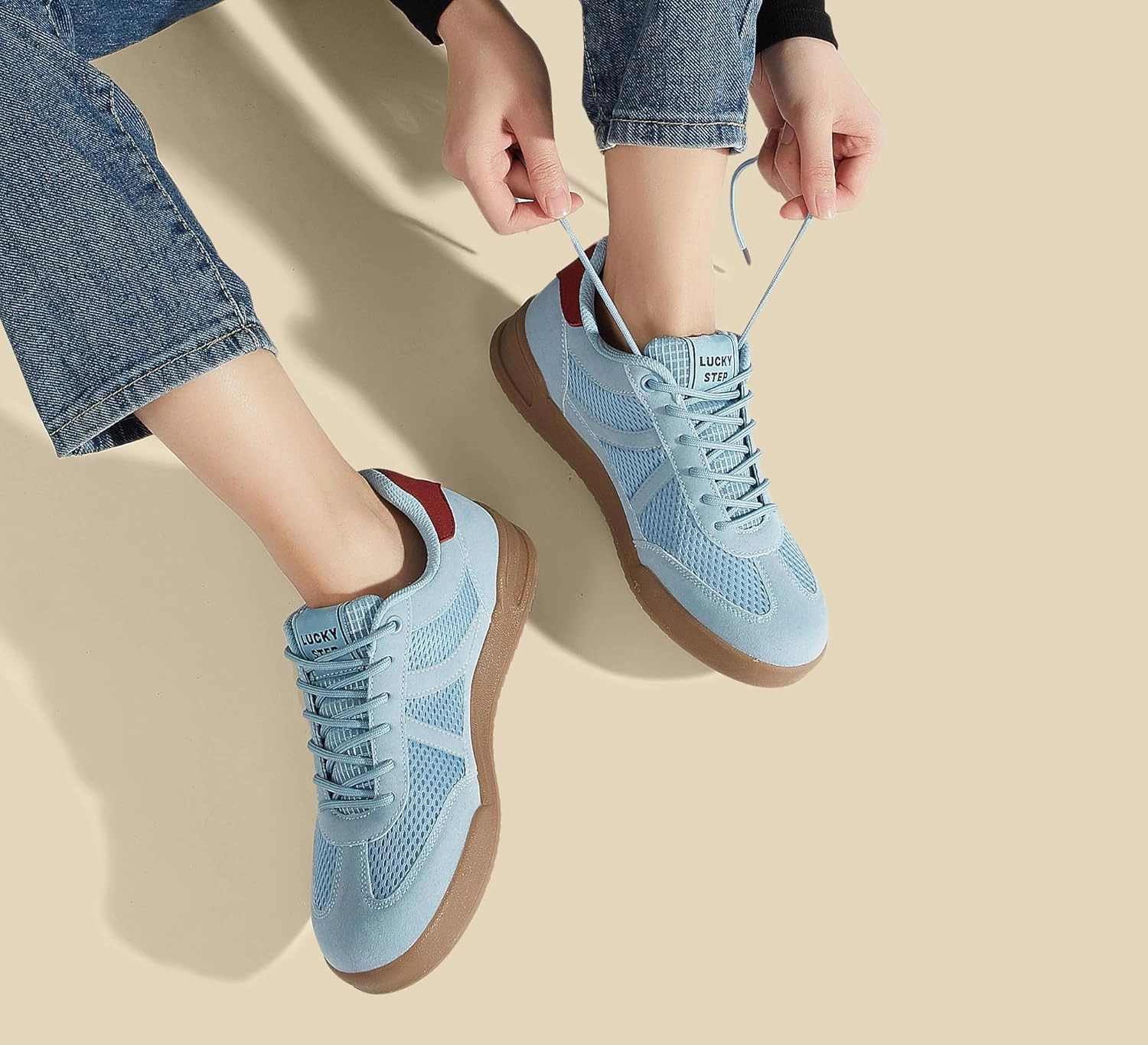 LUCKY STEP Women's Retro Fashion Sneakers Classic Mesh Gum Sole Tennis Footwear Casual Running Trainer Skate Walking Shoes