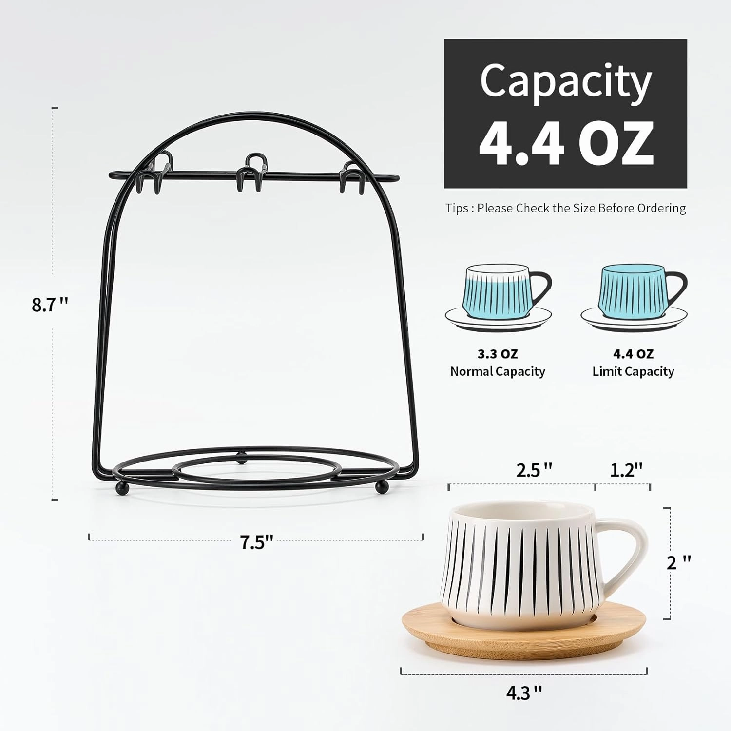 LUKA Ceramic Coffee Espresso Cups with Saucers Set with Metal Holder, 4 oz Porcelain Demitasse Cups For Espresso, Latte, Coffee, Cafe Mocha, Tea, Set of 6, Stripe White & Black