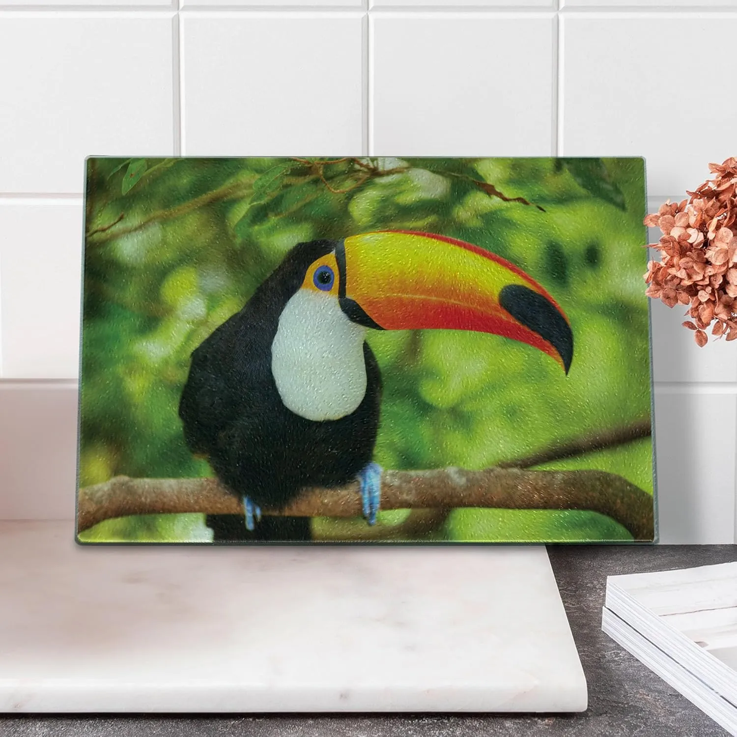 Lunarable Jungle Cutting Board, Tucan Bird Tree Branch Rainforest Eco Tourism Zoo Wildlife Picture, Decorative Tempered Glass Cutting and Serving Board, Small Size, Lime Green Vermilion Black