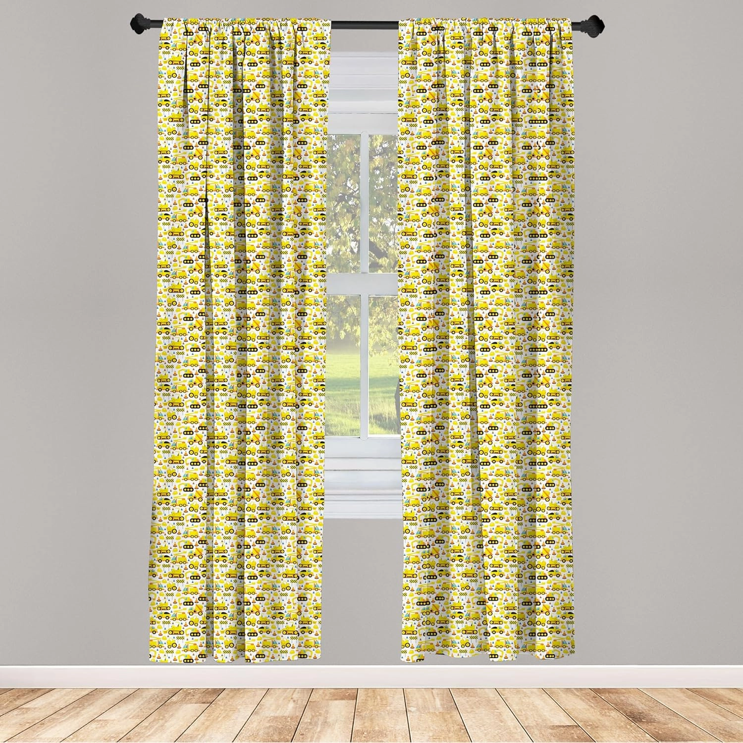 Lunarable Cartoon Curtains, Construction Vehicles Style Machines Safety Building Theme, Window Treatments 2 Panel Set for Living Room Bedroom, Pair of - 28" x 84", Yellow White
