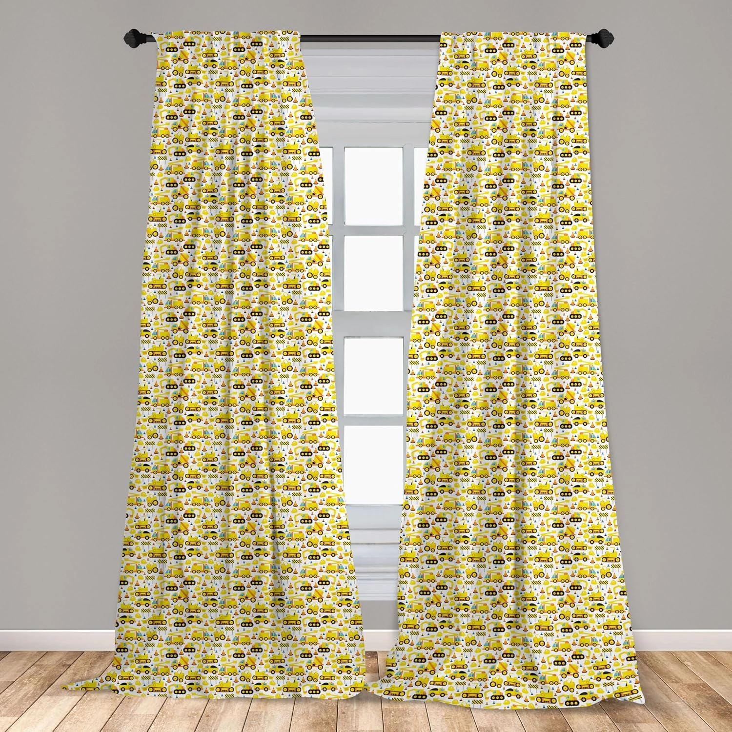 Lunarable Cartoon Curtains, Construction Vehicles Style Machines Safety Building Theme, Window Treatments 2 Panel Set for Living Room Bedroom, Pair of - 28" x 84", Yellow White