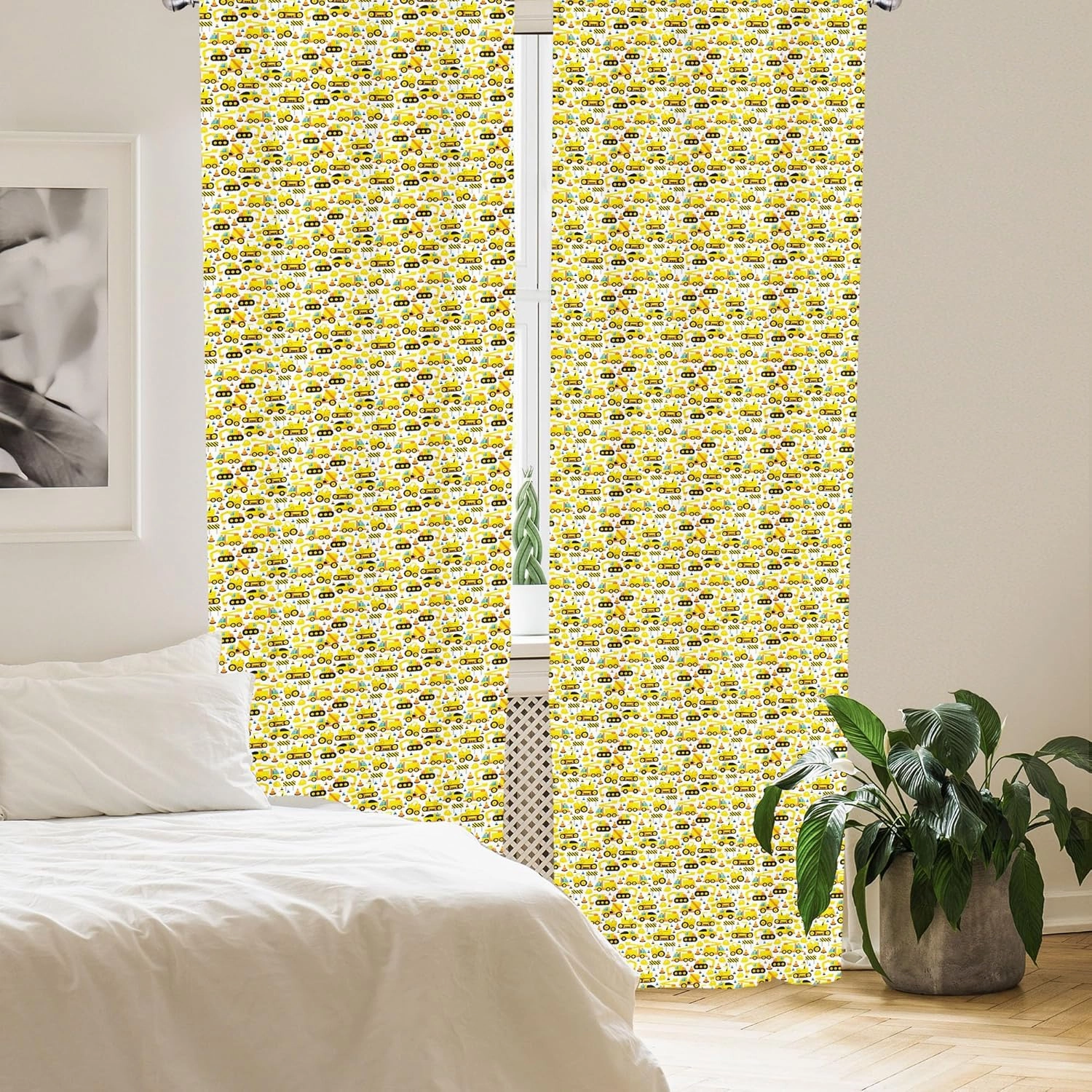 Lunarable Cartoon Curtains, Construction Vehicles Style Machines Safety Building Theme, Window Treatments 2 Panel Set for Living Room Bedroom, Pair of - 28" x 84", Yellow White
