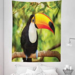 Lunarable Jungle Tapestry Twin Size, Tucan Bird Tree Branch Rainforest Eco Tourism Zoo Wildlife Picture, Wall Hanging Bedspread Bed Cover Wall Decor, 68" X 88", Lime Green Vermilion