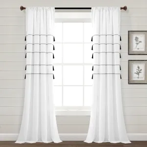 Lush Decor Farmhouse Boho Stripe Woven Tassel Yarn Dyed Cotton Window Curtain Panel Pair, 84" L x 42" W, White