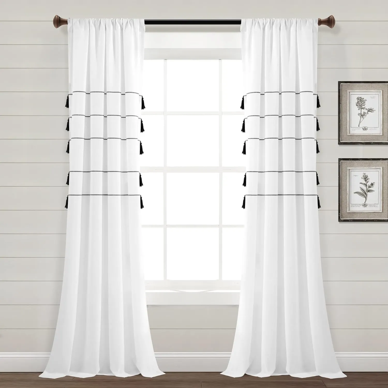 Lush Decor Farmhouse Boho Stripe Woven Tassel Yarn Dyed Cotton Window Curtain Panel Pair, 84" L x 42" W, White