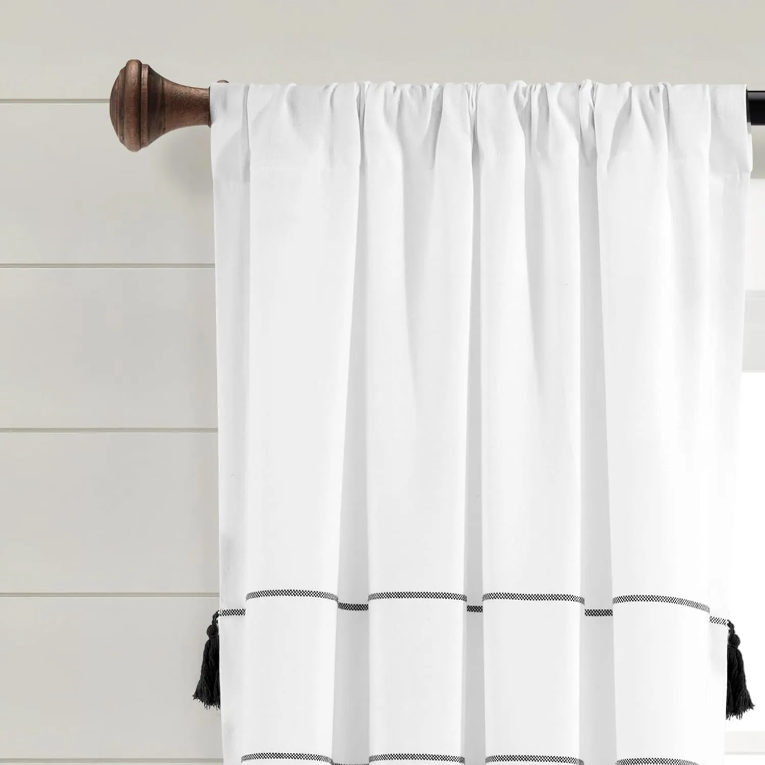 Lush Decor Farmhouse Boho Stripe Woven Tassel Yarn Dyed Cotton Window Curtain Panel Pair, 84" L x 42" W, White