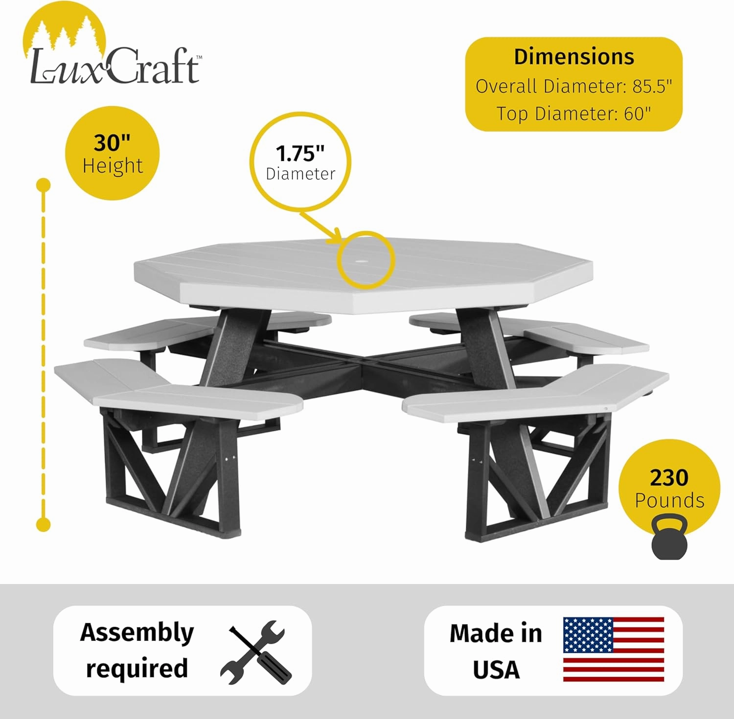 LuxCraft Poly Octagon Picnic Table - Outside Table for Adults & Kids, Seats 8, UV Resistant and Heavy Duty, Durable Outdoor Furniture, Amish Made in USA (Antique Mahogany)