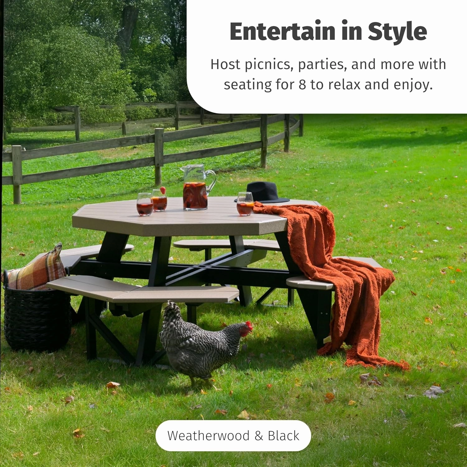 LuxCraft Poly Octagon Picnic Table - Outside Table for Adults & Kids, Seats 8, UV Resistant and Heavy Duty, Durable Outdoor Furniture, Amish Made in USA (Antique Mahogany)