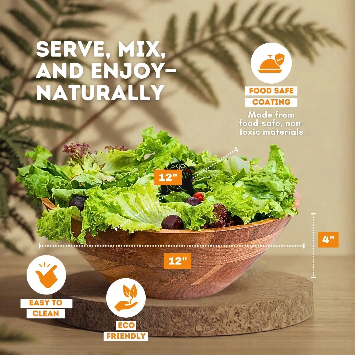 Luxe Designs Wooden Salad Bowl Set - Food Safe & Sustainable Decorative Bowl - Wood Bowl for Fruits, & Salads - Easy to Clean Large Salad Bowls Set w/Spoon, Fork – Wooden Bowls for Food (Natural)