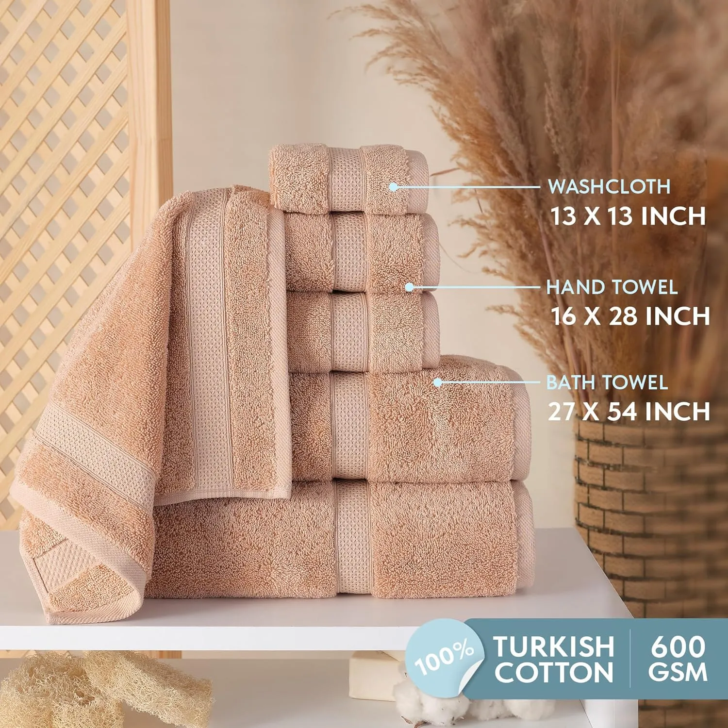 Luxury Turkish Cotton Bath Towel Set of 6 - Soft & Absorbent, Quick Dry, Premium Bathroom Essentials (Beige)