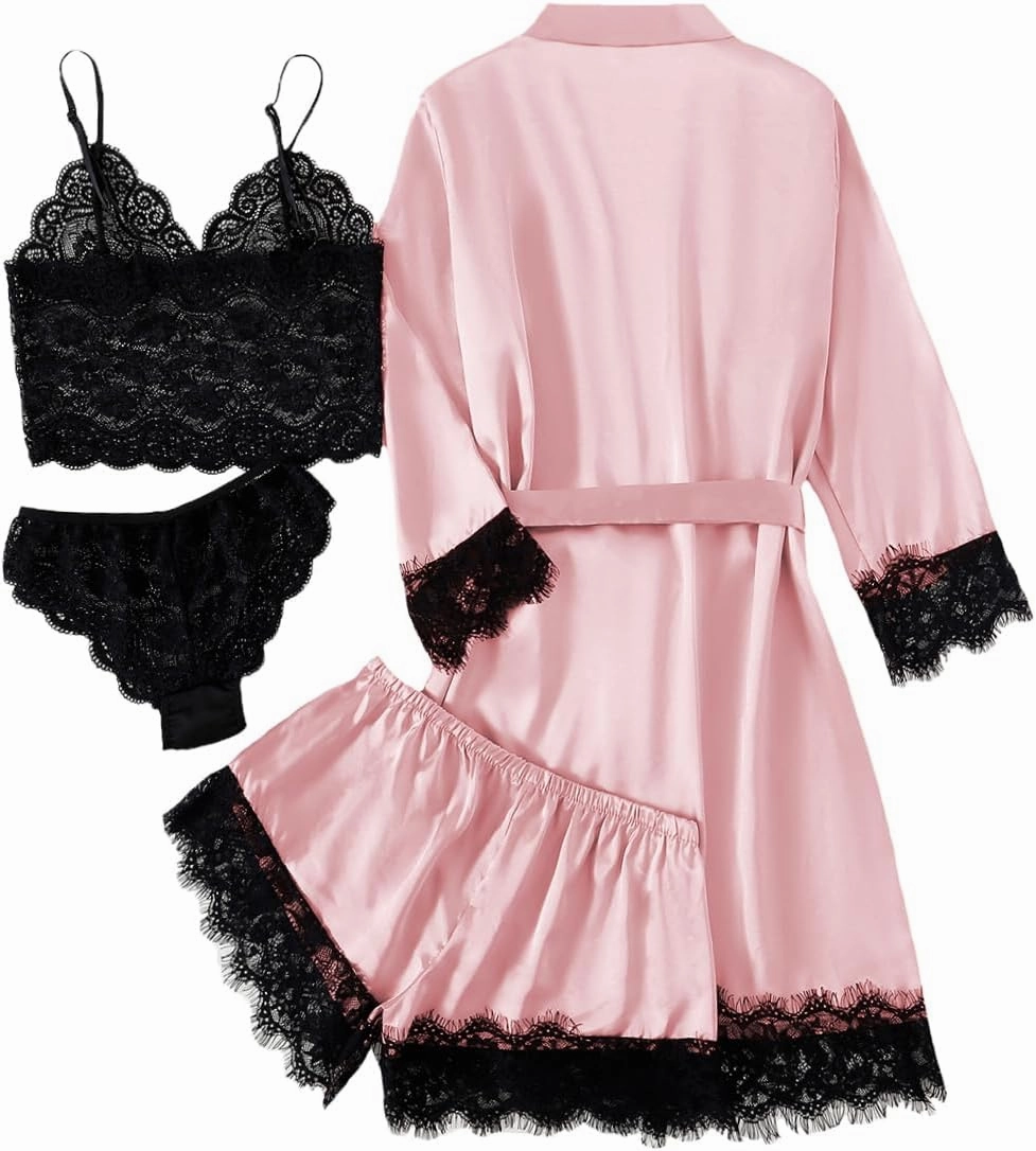 LYANER Women's 4pcs Sleepwear Satin Floral Lace Trim Cami Pajama Set with Robe