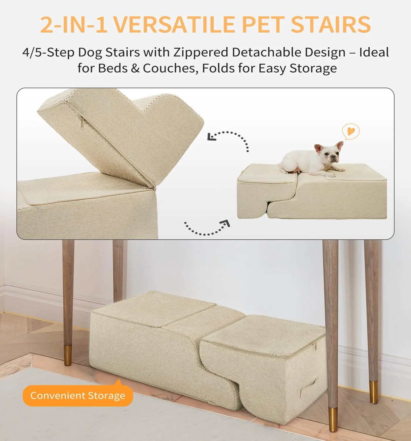 Made4Pets Dog Stairs Ramp for Bed, 4-Step Dog Steps for High Bed Couch Sofa Climbing, 35D Foam Pet Steps for Small Dogs and Cats, Non-Slip Bottom Pet Stairs, Beige
