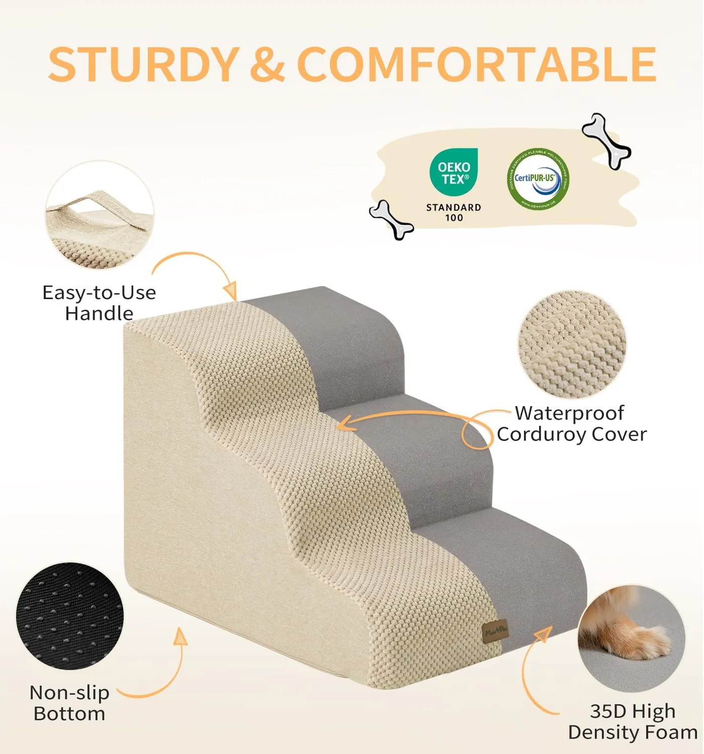 Made4Pets Dog Stairs Ramp for Bed, 4-Step Dog Steps for High Bed Couch Sofa Climbing, 35D Foam Pet Steps for Small Dogs and Cats, Non-Slip Bottom Pet Stairs, Beige