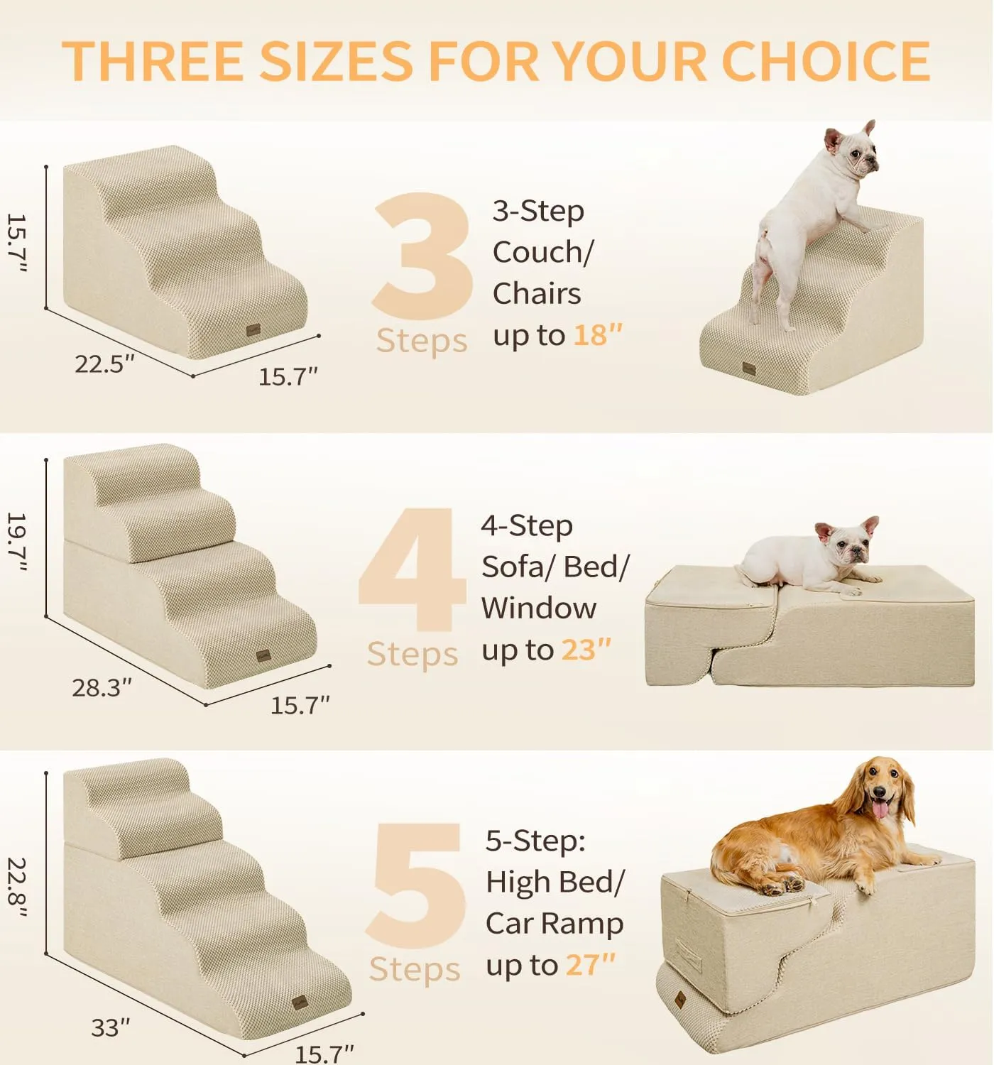 Made4Pets Dog Stairs Ramp for Bed, 4-Step Dog Steps for High Bed Couch Sofa Climbing, 35D Foam Pet Steps for Small Dogs and Cats, Non-Slip Bottom Pet Stairs, Beige
