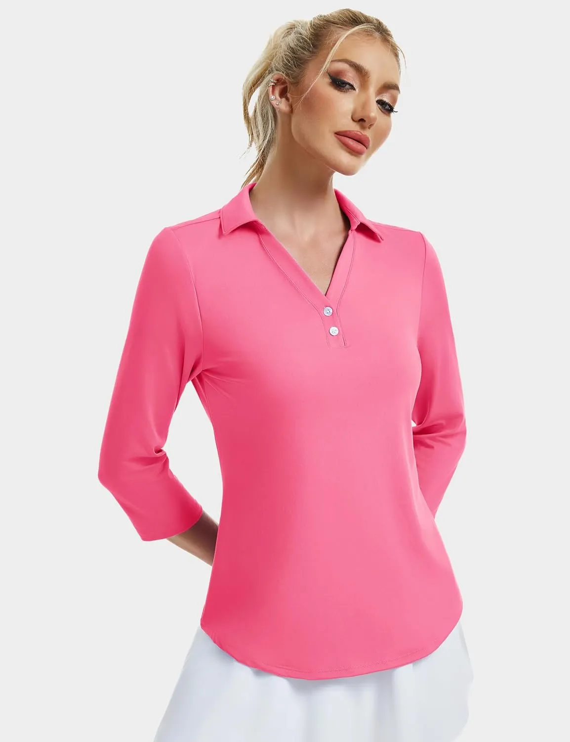MAGCOMSEN Women's UPF 50  3/4 Long Sleeve Polo Shirt Collared V Neck Golf Shirts Quick Dry Casual Work Moisture Wicking