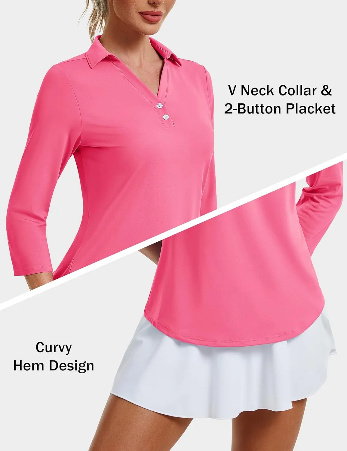 MAGCOMSEN Women's UPF 50  3/4 Long Sleeve Polo Shirt Collared V Neck Golf Shirts Quick Dry Casual Work Moisture Wicking