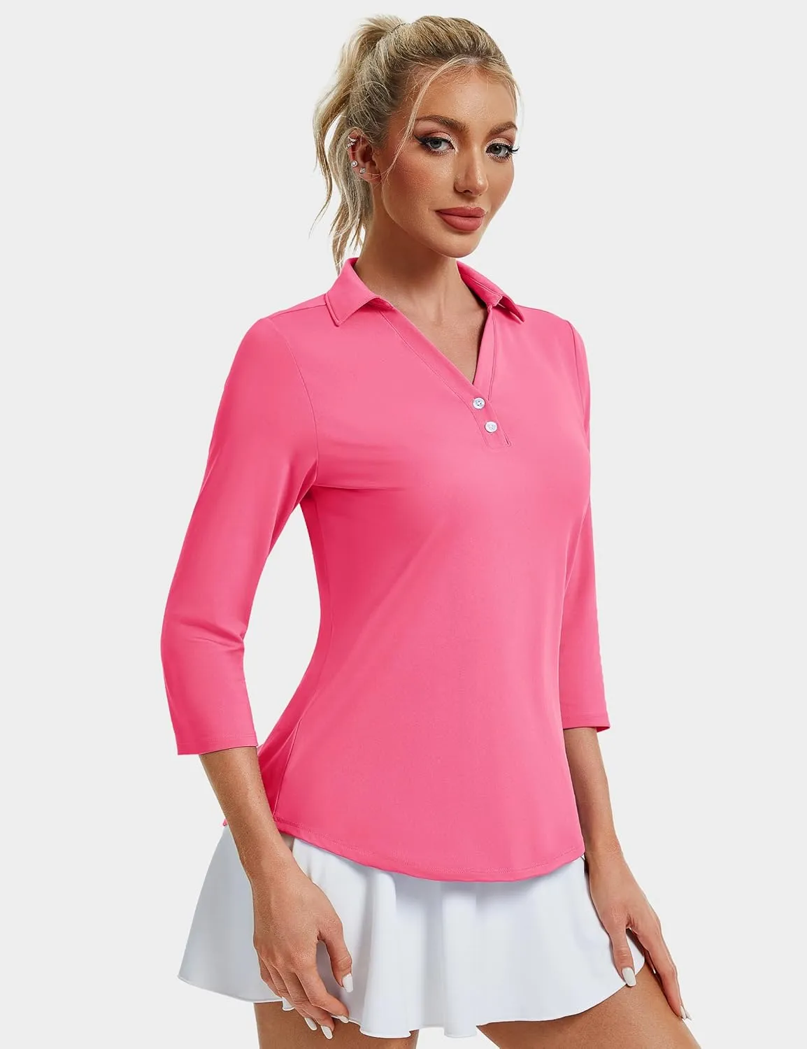 MAGCOMSEN Women's UPF 50  3/4 Long Sleeve Polo Shirt Collared V Neck Golf Shirts Quick Dry Casual Work Moisture Wicking
