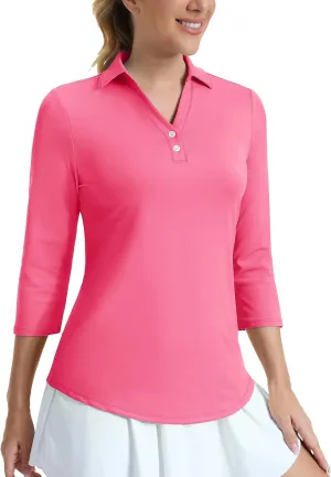 MAGCOMSEN Women's UPF 50  3/4 Long Sleeve Polo Shirt Collared V Neck Golf Shirts Quick Dry Casual Work Moisture Wicking