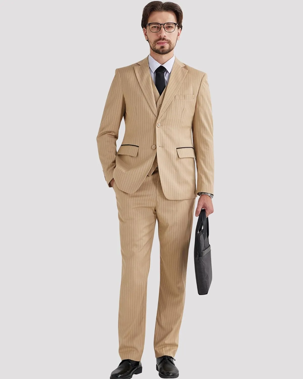 MAGE MALE Men’s Pinstripe 3 Piece Suit Slim Fit Elegant Single Breasted Business Wedding Party Blazer Vest& Pants Set